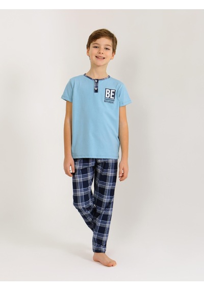 Vitmo Erkek Çocuk Kısa Kollu Düğme Detaylı %100 Pamuklu Pijama Takımı Be Mavi