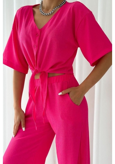 Woman And Kids Fuşya Önden Bağlamalı Crop Palazzo Alt Üst Takım Fuşya