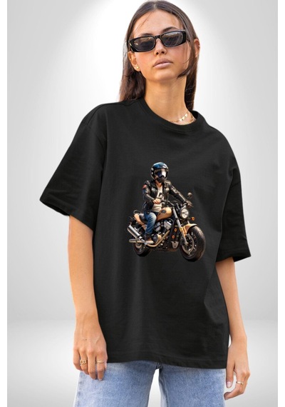 Kask Motorsiklet Dünya Turu Pamuklu Bisiklet Yaka Unisex Oversize Boyfriend Dijital Baskılı Siyah T-shirt Siyah