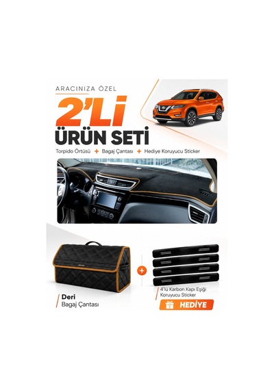 Nissan X-trail 2013-2020 Uyumlu Torpido Örtüsü + Deri Bagaj Çantası + Sticker - Siyah Kahverengi