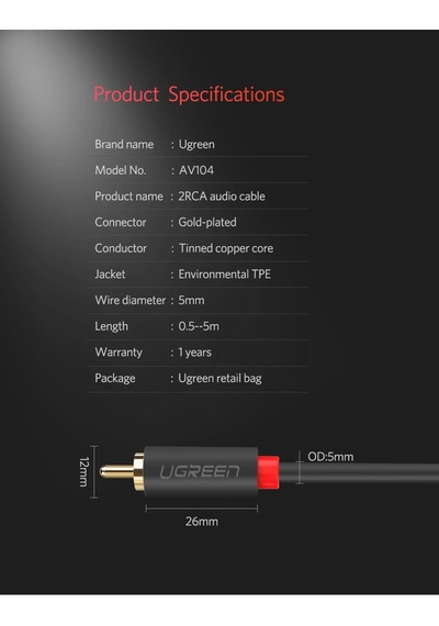 Ugreen 2Rca To 2Rca Ses Kablosu 5 Metre