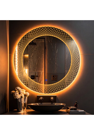 Trivon Amber Led'li Lazer Kumlamalı Lavabo & Banyo Aynası Dokunmatik Sensörlü 90 X 90 Turuncu