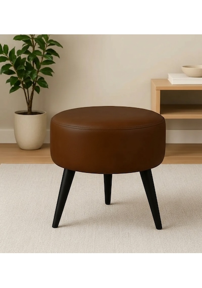 Waterybrook Suni Deri Puf - Ahşap Siyah Ayaklı - Retro Modern Tasarım - Oturma Ve Dekoratif Sehpa Kahverengi
