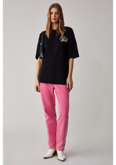 Grımelange CAITLYN Kadın Oversize Bisiklet Yaka Siyah T-Shirt