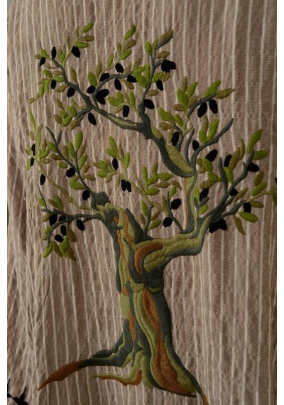 Keten Çizgili Arkası Zeytin Ağacı İşlemeliı Takım Bej