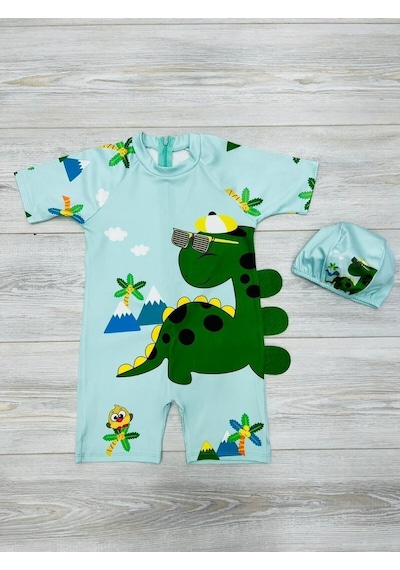 My Kids Wear Tatlı Dino Temalı Boneli Erkek Çocuk Mayo Takımı Mavi - Yeşil