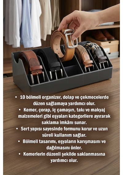 10 Bölmeli Kemer Organizer, Çorap, Kravat, Takı, Makyaj, Çekmece, Dolap İçi Depolama Gri