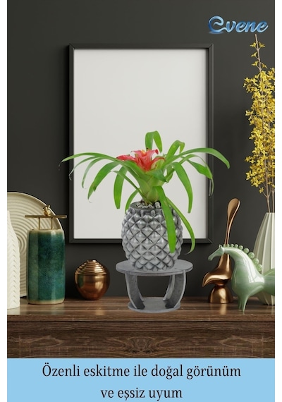 Ahşap Ayaklı Beton Saksı Büyük Boy 1 Adet Ananas Model - Gümüş Eskitme