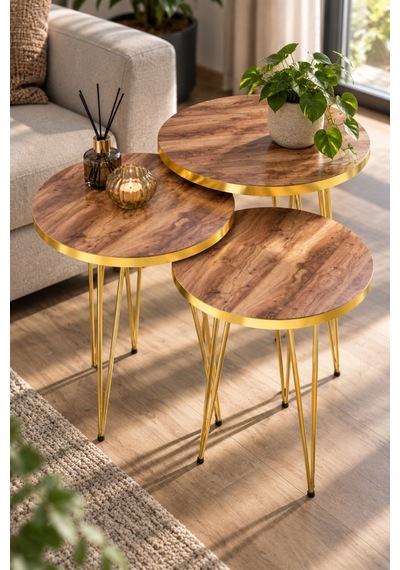 Sulorahome Gold Ceviz Desenli Zigon Sehpa Seti Ceviz - Altın