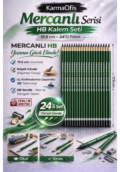 Mercanlı Hb Kurşun Kalem Yeşil Tek Renk 24 Adet, Köşeli Gövde, 17.5 Cm Yeşil 24lü