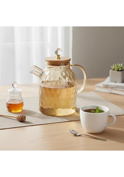 1600 Ml Desenli Isıya Dayanıklı Cam Demlik - Ahşap Kapaklı, Gold Detaylı Büyük Boy Borosilikat Çaydanlık 1