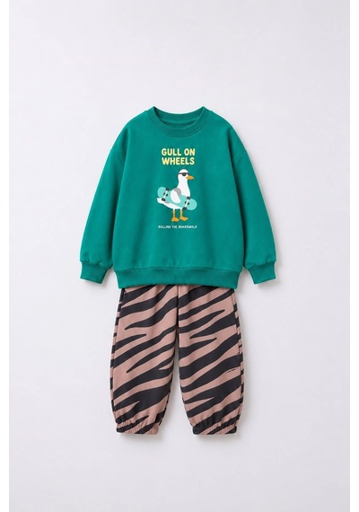 Magu Çocuk Pamuklu Oversize Baskılı Yeşil Sweatshirt Ve Desenli Eşofman Altı Takımı