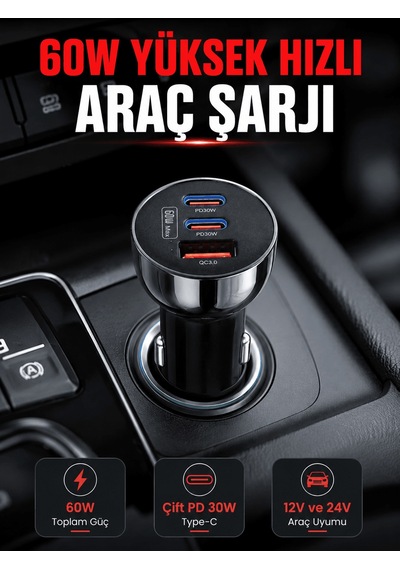 Pd 30w Çift Usb-c Araç Şarj Cihazı 60w Hızlı Şarj Adaptörü Uczzlnx01çakmaklıkşarj-4