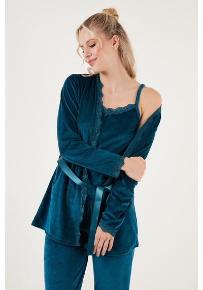 Lela Regular Fit Dantelli Yumuşak Dokulu Sabahlıklı Kadife Bayan Pijama Takımı 6095545 Nefti