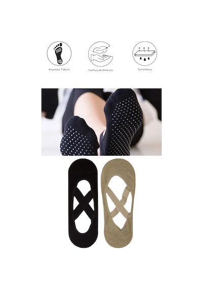 2 Adet Kadın Kaydırmaz Tabanlı Yoga Pilates Fitness Dans Ve Spor Çorabı Siyah - Bej