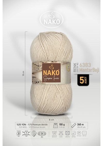 Süper İnci - 6383 Mantar Beji - 5'li Paket - 100gr/260m - El Örgü İpi - Atkı Yelek Kazak İpi