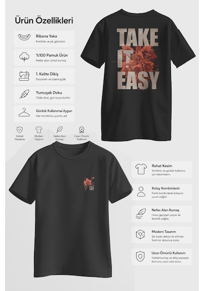 Spoyi Take It Easy Tasarımlı %100 Pamuk Yarım Oversize Siyah T-lhirt