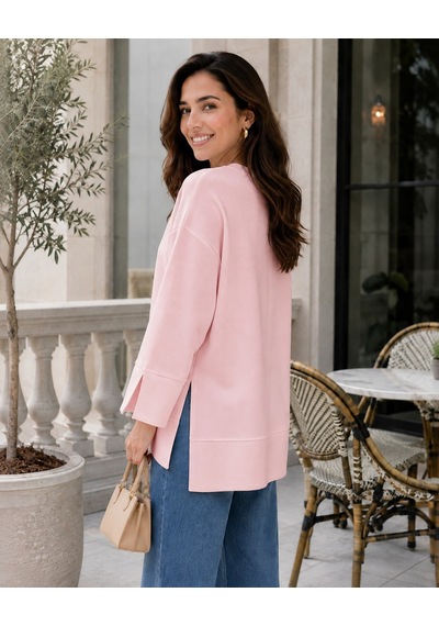 Unika Boutique Kadın Oversize Yırtmaçlı Uzun Kollu Salaş Bluz Pembe