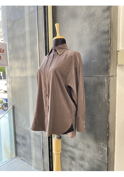 Pera Moda Yakası Taşlı Modal Kumaş Oversize Kadın Gömleği Kahverengi