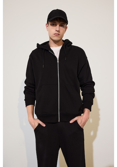 Defacto Relax Fıt Kapüşonlu İçi Yumuşak Tüylü Kalın Kumaş Fermuarlı Sweatshirt D7599ax26aubk81 Siyah-bk81