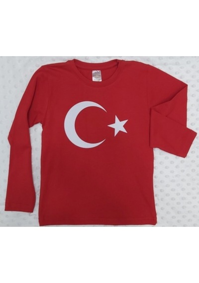 Lollico Unisex Çocuk Kırmızı Ay Yıldız Türk Bayraklı Uzun Kollu T-shirt KIrmızı