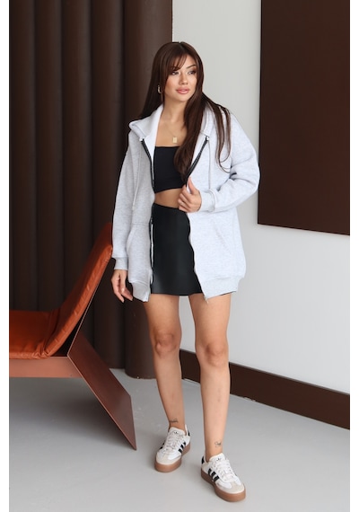Balenbi Kadın 3 İplik İçi Polarlı Kapüşonlu 75cm Oversize Sweat Hırka 1129 Karmelanj