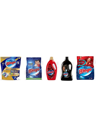 Bingo Pro Tablet 60'lı + Tüm Renkler Deterjan 6 Kg+ Soft Yumuşatıcı 3l + Siyahlar 3 Lt + Renkliler 4kg 5'li Set Diğer