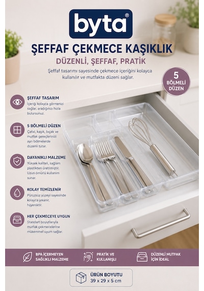 Şeffaf Çekmece İçi Kaşıklık 5 Bölmeli Çatal Kaşık Bıçak Düzenleyici Mutfak Organizer Plastik Çekmece Düzenleyici Bpa İçermez Şeffaf