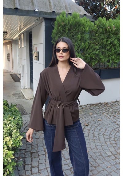 Kechi Woman Krep Kumaş Kruvaze Kemerli Kimono Bluz Kahverengi