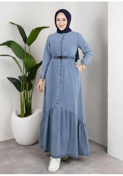 Hb Harma Time Butik Kadın Düğmeli Kuşaklı Denim Kot Mavi Elbise