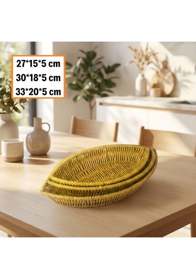 3 Lü Kayık Formlu Plastik Rattan Sepet Seti Hasır Görünümlü Ekmek, Meyve Ve Sunum Sepetleri, Çok Amaçlı Masaüstü Organizer 5705 Sarı