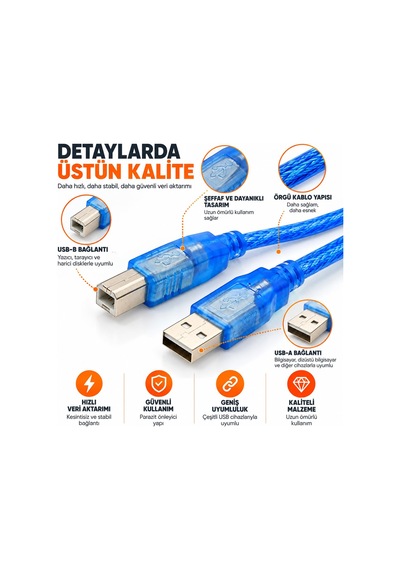 150 Cm Usb Yazıcı Kablosu, Usb-a To Usb-b Printer Bağlantı Kablosu, Yazıcı Tarayıcı Bilgisayar Veri Aktarım Kablosu, Dayanıklı Örgülü Yapı, 1.5 Metre Mavi