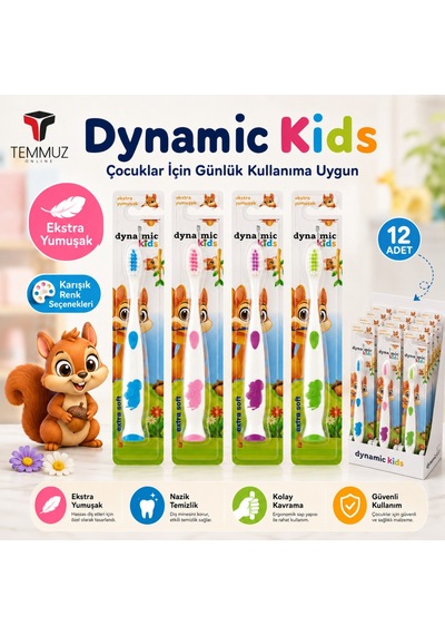 Dynamic Kids Ekstra Soft Çocuk Diş Fırçası 12 Adet Tekli Ambalajlı Karışık Renk