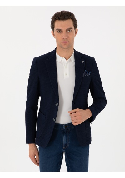 Cacharel Lacivert Slim Fit Dokulu Yün Karışımlı Ceket