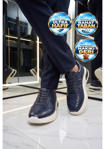 Komcero Kauçuk Tabanlı Bağcıklı Sneaker Lacivert Hakiki Deri Erkek Casual Ayakkabı Hz1774-0337