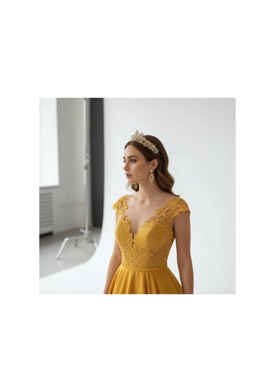 Majestic Blossom Crown - Gelin Kına After Taç Ve Küpe Sarı - 797153335 Sarı