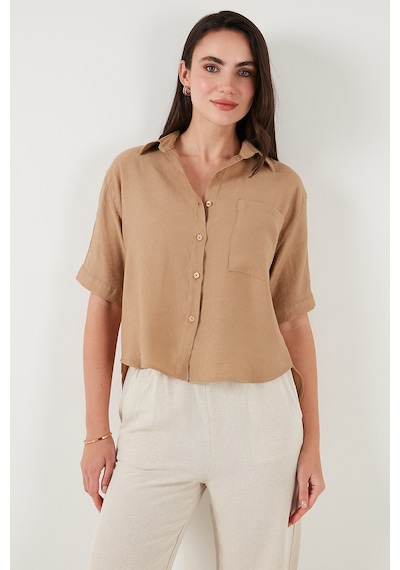 Lela Regular Fit Göğüs Cepli Kısa Kollu Bayan Gömlek 6779324 Bisküvi