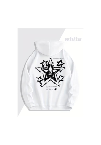 Nevermind Yıldız Desenli Baskılı Hoodie Trend Sevgili Kombini Oversize 3 Beyaz