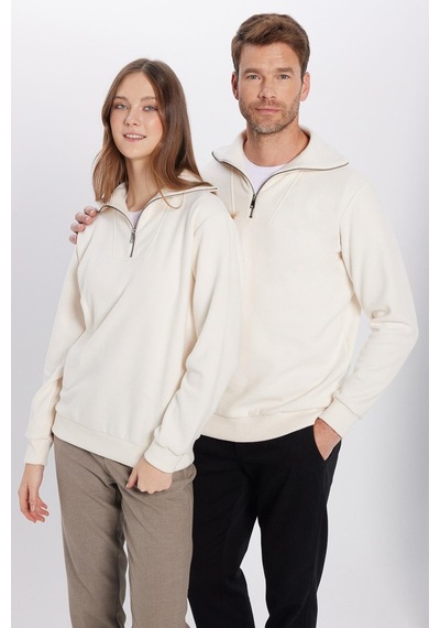 Tudors Unisex Relax Fit Rahat Kesim Fitilli Desenli Pamuklu Yarım Fermuarlı Ekru Dik Yaka Sweatshirt-31988 Ekru