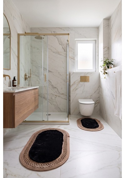 Banyo Paspası Takımı 60x100+40x60 Cm İç Trikot Siyah & Camel