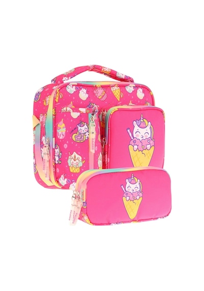 Kaukko Kids Kız Çocuk Kırmızı Dondurma Desenli Üç Bölmeli Thermo Beslenme Çantası Ve Kalemlik Seti L7227+l8227 Kırmızı