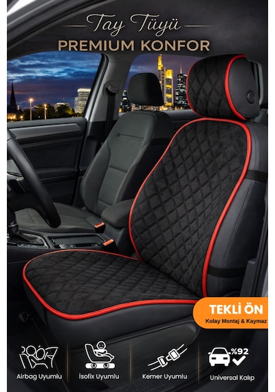 Oto Koltuk Kılıfı Tay Tüyü Tekli Ön Minder 4 Katmanlı Terletmez Airbag Uyumlu - Siyah Kırmızı