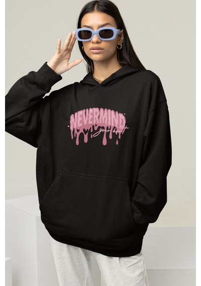 Nevermind Unisex Oversize Hoodie Sweatshirt Pembe Baskılı Kapüşonlu Siyah