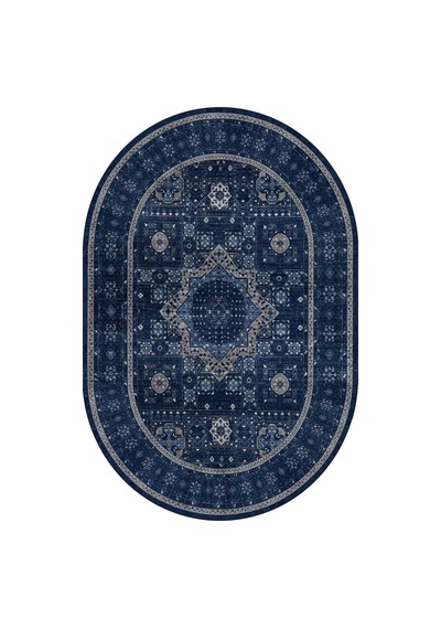 Frenda Home Fas Kapısı Desenli Yıkanabilir Pamuk Taban Oval Halı Lacivert