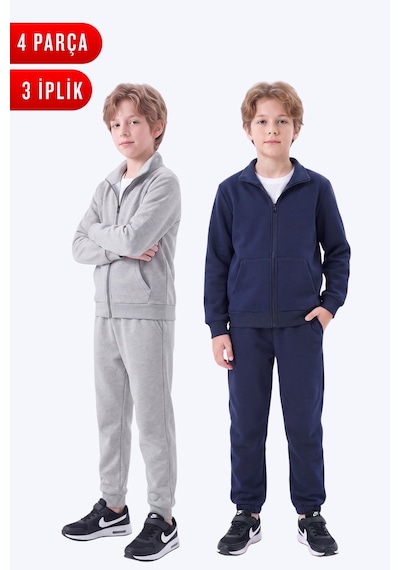 Fyk Kids Erkek Çocuk 3 İplik Düz Basic Fermuarlı Dik Yaka Çift Cepli 2'li Eşofman Takımı 4 Parça Gri - Lacivert