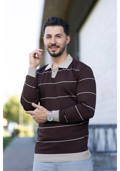 Hk Premium Çizgili Polo Yaka Slim Fit Triko Kazak Kahverengi