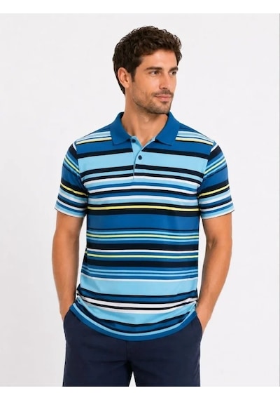 Defymoda Erkek Çizgili Polo Yaka Tişört Kısa Kol Yazlık T-shirt Regular Fit - Mavi