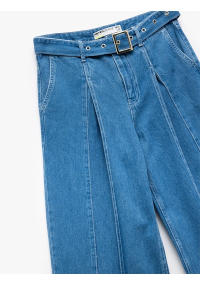 Koton Geniş Paça Kemer Detaylı Pileli Pamuklu Jean Pantolon - Wide Leg Jeans Orta İndigo 5sal40181md Indigo