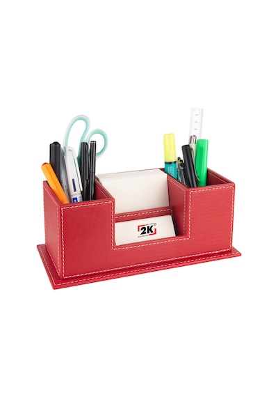 Masaüstü Deri Organizer Kalemlik 4 Gözlü Desktop Organizer Rainbow Vegan 10x12x25 Cm. Kırmızı