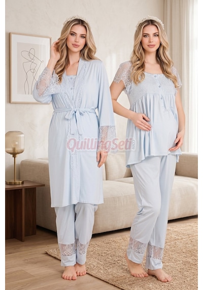 Quilling Lady Mavi Renkli, Derin Patlı, Dantel Detaylı 33002 Sabahlıklı 3lü Lohusa Hamile Pijama Takımı Açık Mavi M - L